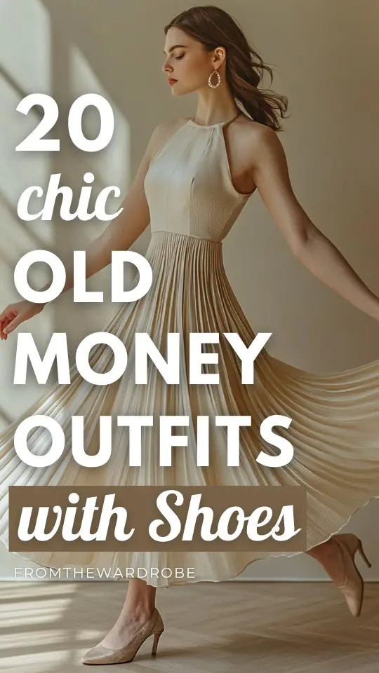 a woman wears an old money outfit with a cream pleated dress with shoes