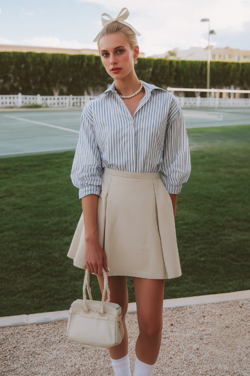 a woman wears an old money style blue and white stripe shirt with beige skirt