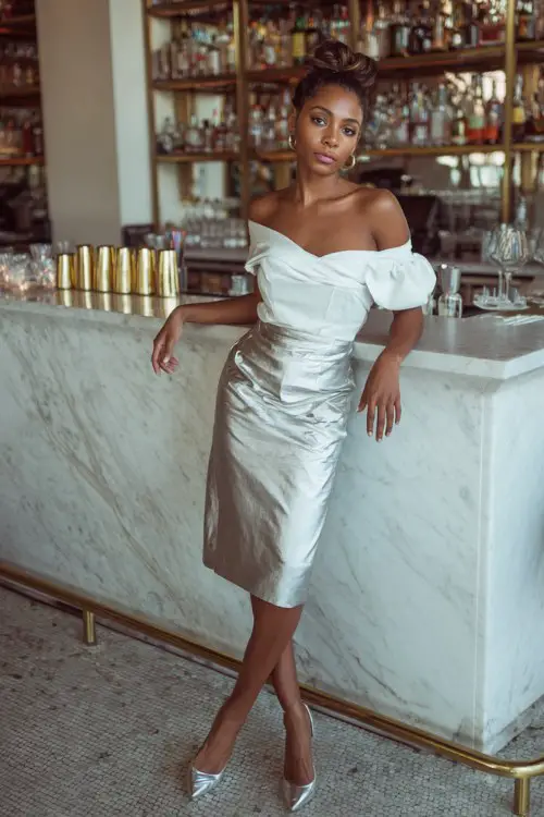 A Black woman wears a white off-shoulder top with a sleek pencil skirt and silver heels