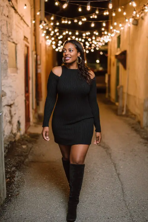 A curvy Black woman wears a fitted ribbed knit dress with knee-high boots and gold hoop earrings