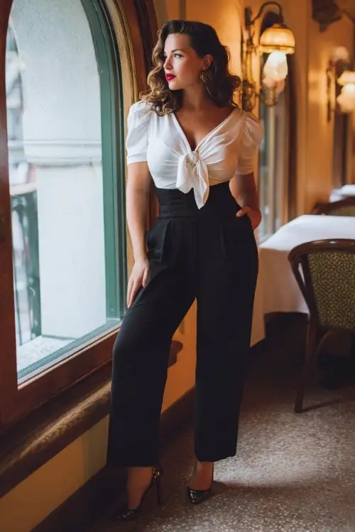 A curvy woman over 40 wears high-waisted black trousers, white blouse with bow-tie neckline and heeled pumps outfit for date night