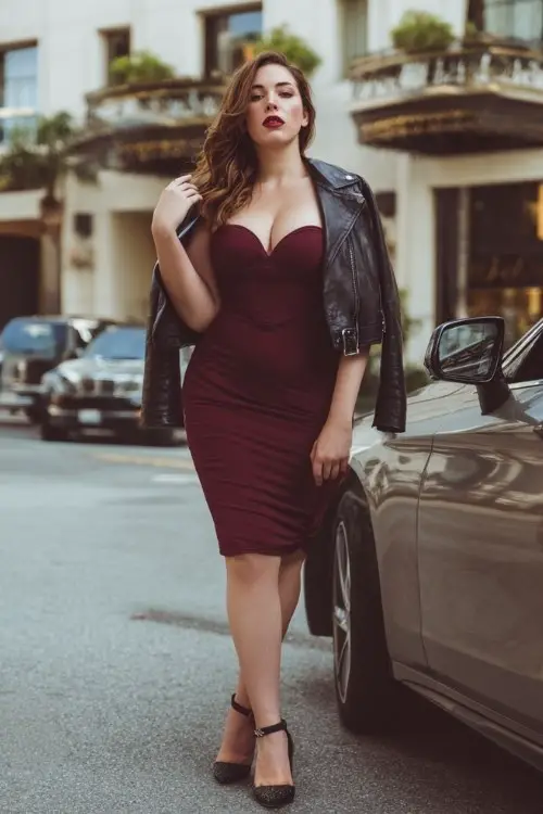 A curvy woman wears a date night outfit with a bodycon burgundy dress, paired with stilettos and a leather jacket