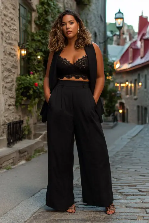 A curvy woman wears black wide-leg trousers with a lace camisole and blazer, her hair in voluminous waves