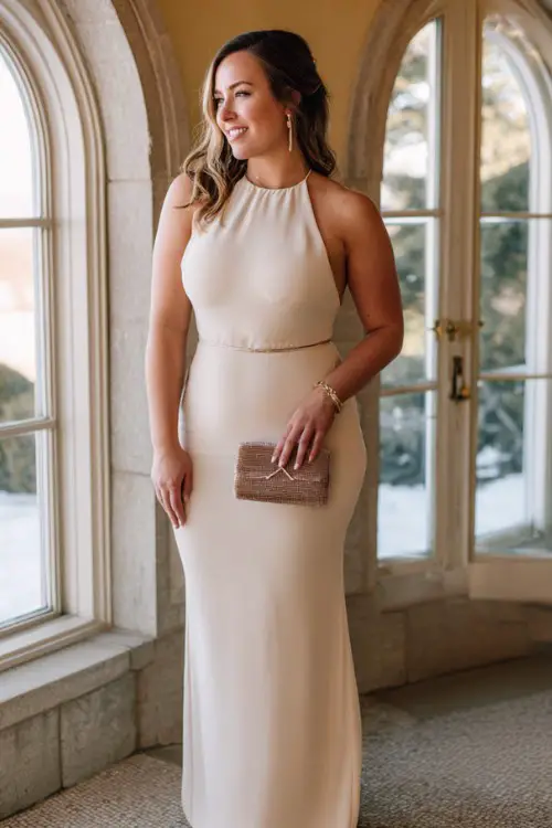 A plus-size woman wears an old money outfit with a soft champagne mock-neck gown with a velvet clutch and minimal jewelry for parties