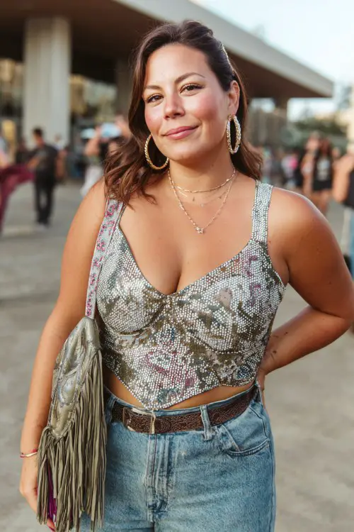 A plus-size woman wears silver cowboy boots with high-waisted flare jeans and a rhinestone mesh crop top layered over a bralette