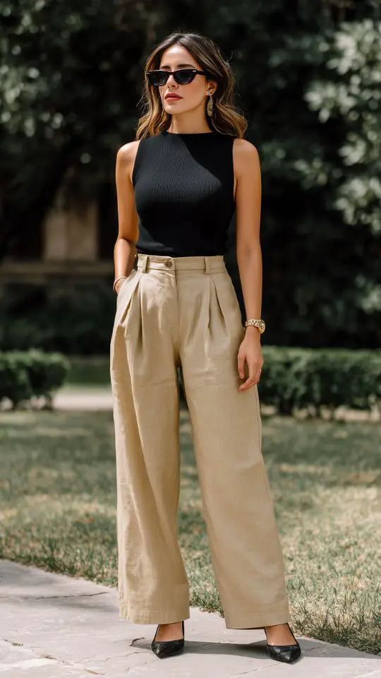 A woman in a black sleeveless top and beige wide-leg trousers