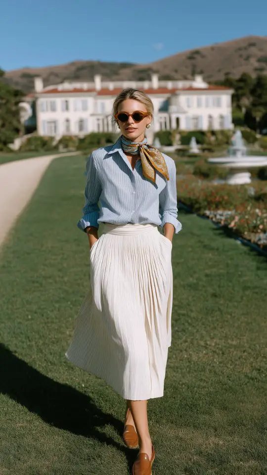 A woman in a light blue shirt and white pleated midi skirt with a patterned scarf