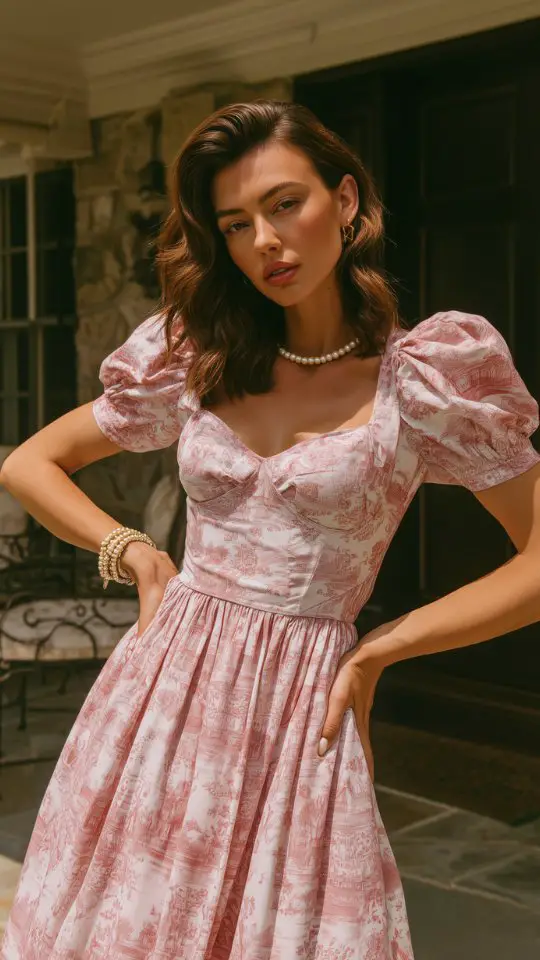 A woman in a pink puff-sleeve midi dress with a floral print