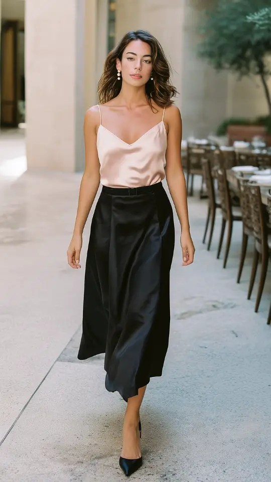 A woman in a satin pink camisole top and a black skirt with black pointed heels