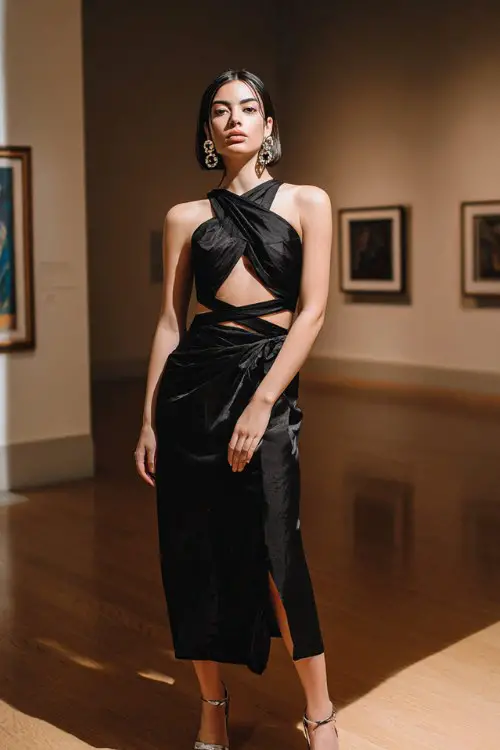 A woman over 30 wears a sculptural asymmetric dress with cut-out details at the waist, styled with metallic sandals and bold earrings