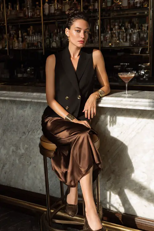 A woman over 30 wears a sharply tailored vest with nothing underneath, paired with a bias-cut satin skirt in liquid bronze