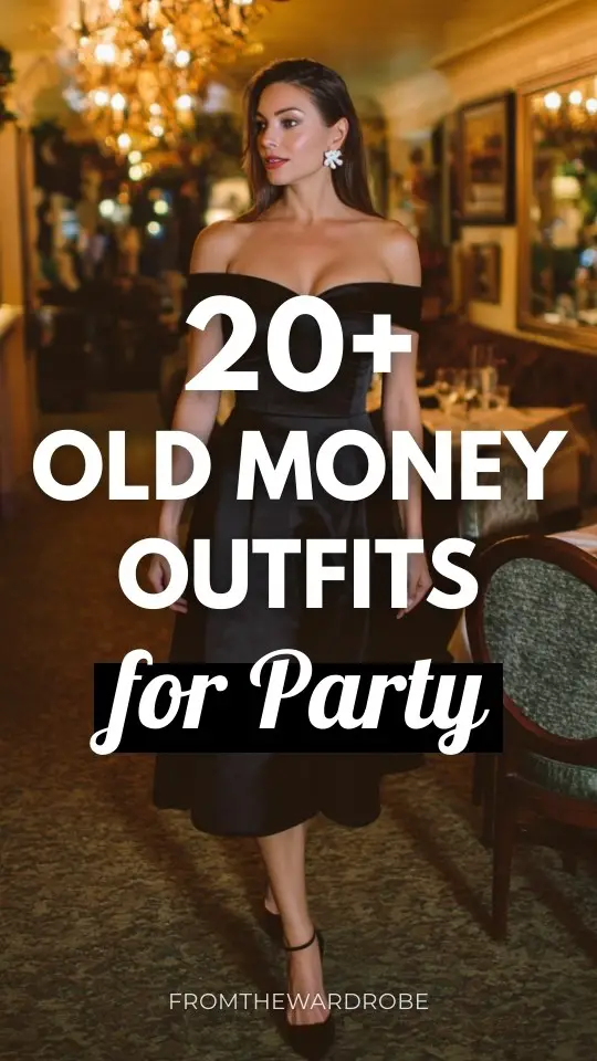 A woman over 30 wears an old money outfit wih a black off-shoulder satin midi dress with pearl earrings and black heels for a party