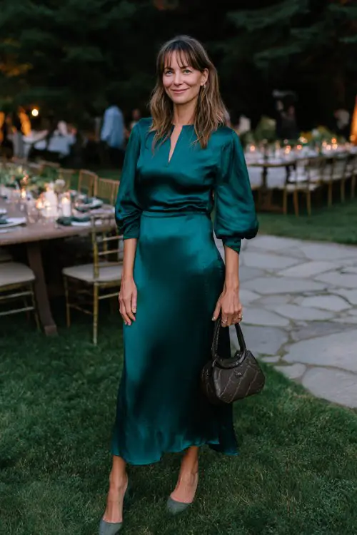 A woman over 40 wears a flowing silk midi dress in deep emerald, styled with elegant kitten heels and a structured handbag