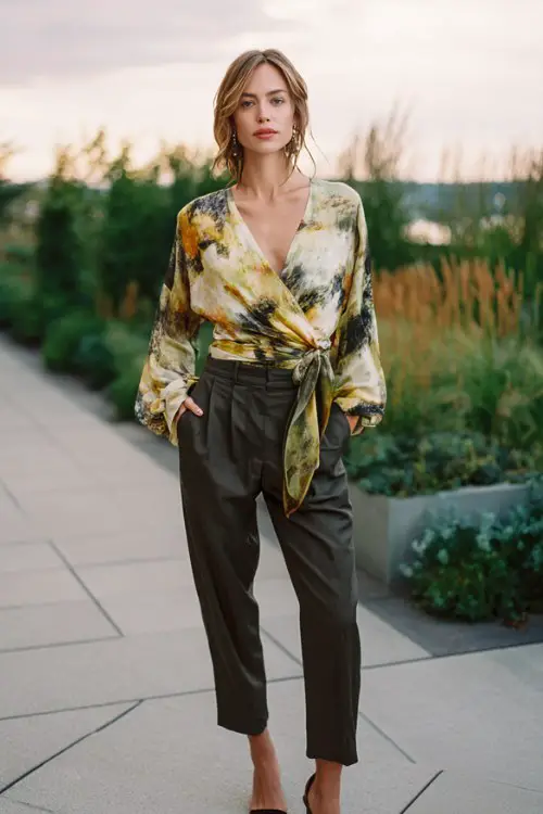 A woman over 40 wears a silk kimono-style wrap top with wide sleeves paired with tailored cigarette pants and minimalist sandals