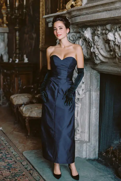 A woman over 40 wears an old money outfit for party with a floor-length navy gown with satin gloves, elegant updo