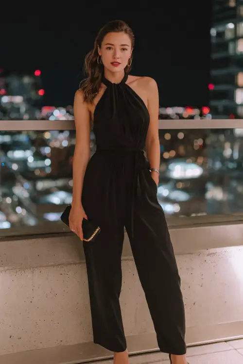 A woman wears a black halter-neck jumpsuit with a cinched waist, paired with sleek heels and a minimalist clutch