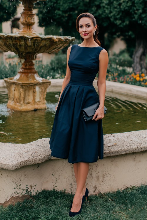 A woman wears a classic navy midi dress with black heels by a garden fountain