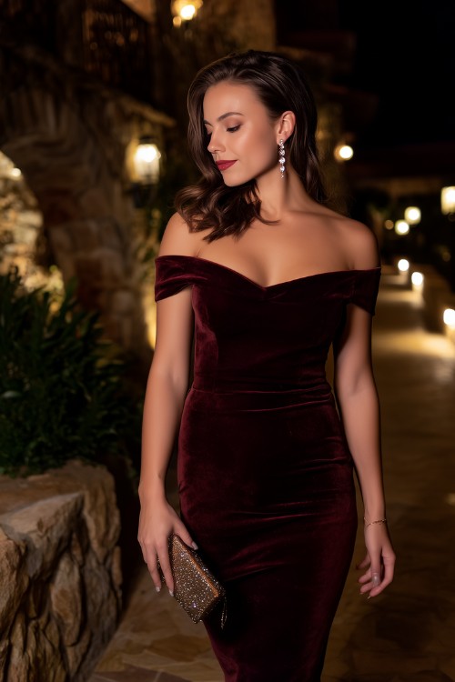 A woman wears a deep burgundy velvet off-shoulder dress with a clutch in a romantic outdoor setting