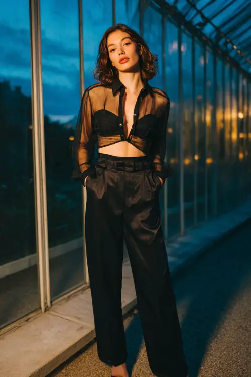 A woman wears a sheer organza button-down layered over a structured black bralette and fluid silk trousers