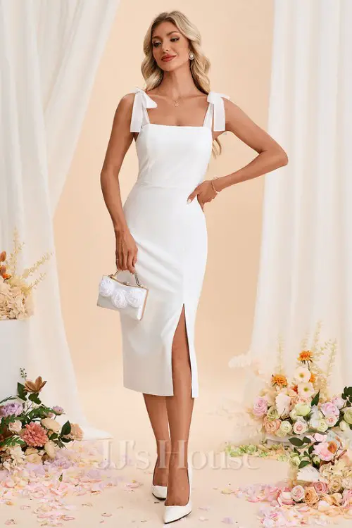 Bow Square Sleeveless SheathColumn Stretch Crepe Midi Dress (1)