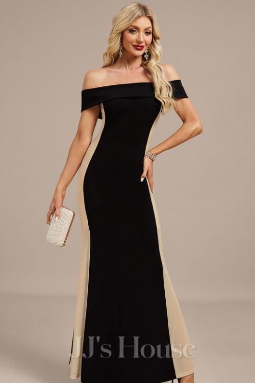 Rhinestone Off the Shoulder Short Sleeve TrumpetMermaid Spandex Stretch Crepe Maxi Dress (1)