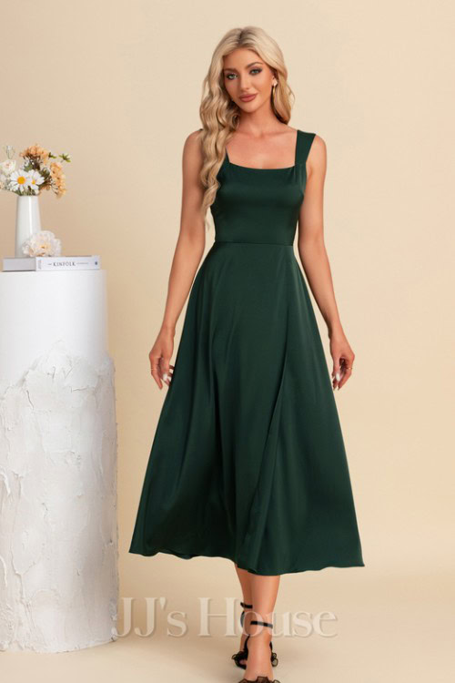 Square Sleeveless A-line Satin Midi Dress