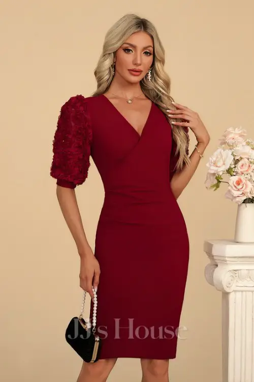 V-Neck Short Sleeve SheathColumn Jacquard Stretch Crepe Midi Dress