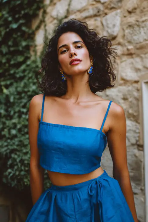 a woman wears a blue coban two strap top with matching bottom