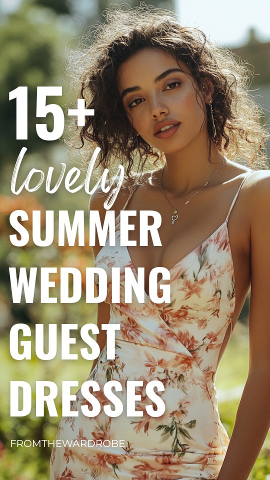 a woman wears a floral wedding guest dress for summer