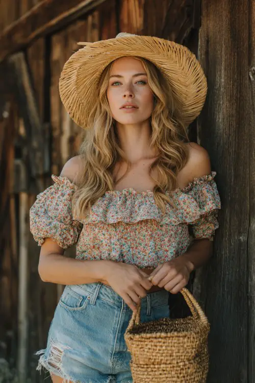 woman wearing an off shoulder floral crop blouse with ruffled neckline, light blue distressed denim shorts, wide straw sun hat, holding a wicker basket bag, natural makeup, long beachy blonde hair