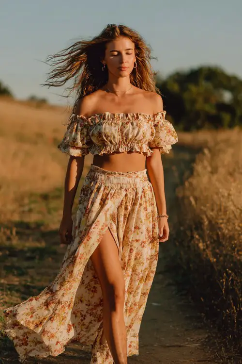 woman wearing an off-shoulder ruffled floral crop top with matching high-waisted flowy maxi skirt with thigh slit, soft neutral floral print, flat sandals