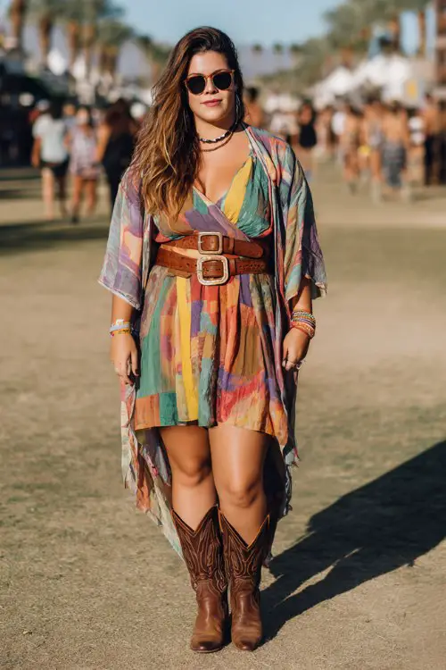 A curvy woman wears brown cowboy boots with a colorful patchwork midi dress and wide leather belt, layered with a lightweight kimono and bold rings