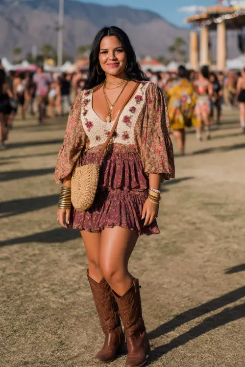 A curvy woman wears brown cowboy boots with a tiered floral midi skirt and a loose embroidered peasant blouse, accessorized with chunky bangles and a woven crossbody bag