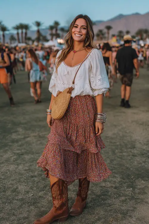 A curvy woman wears brown cowboy boots with a tiered floral midi skirt and a loose embroidered peasant blouse