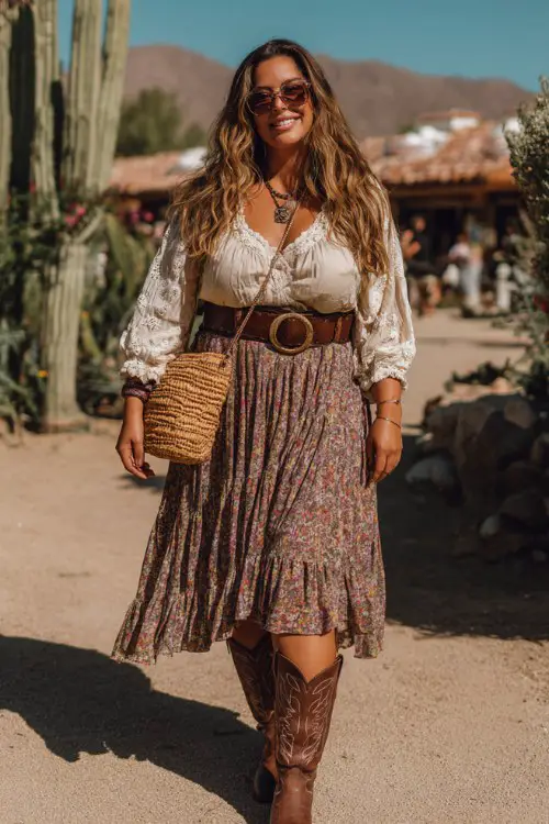 A curvy woman wears brown cowboy boots with a tiered floral midi skirt and lace-trim peasant blouse, styled with a wide western belt and woven crossbody bag
