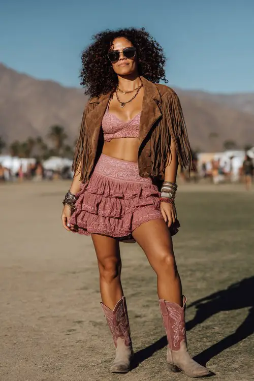 A curvy woman wears dusty pink cowboy boots with a lace crop top and ruffled mini skirt, layered with a suede fringe jacket and stacked bracelet