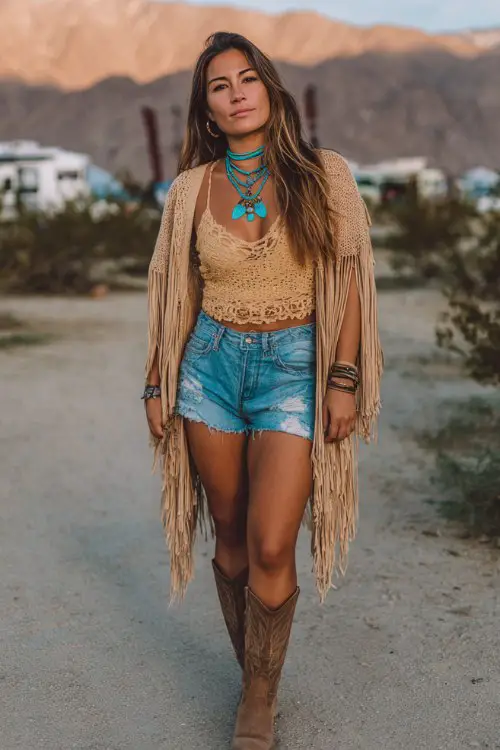 A curvy woman wears tan cowboy boots with a crochet crop top and distressed denim shorts, styled with a dramatic fringe shawl and layered turquoise jewelry