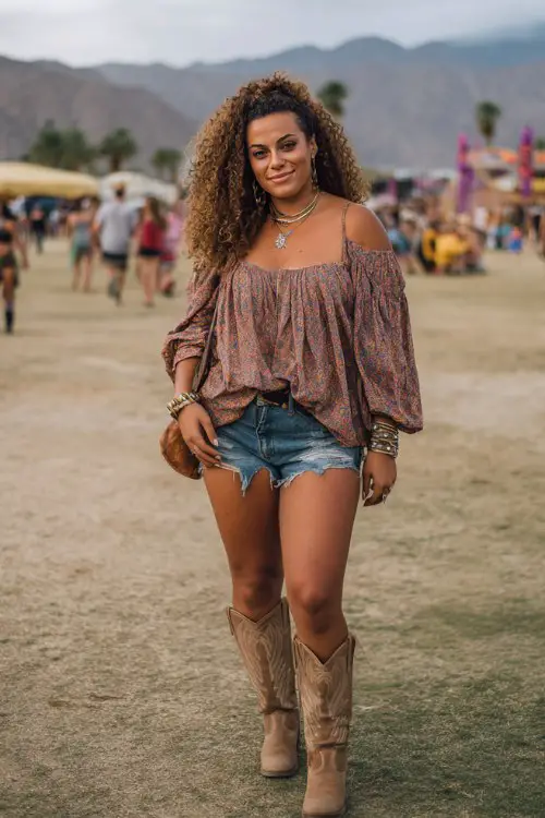 A curvy woman wears tan cowboy boots with distressed denim shorts and a billowy bohemian peasant blouse, accessorized with chunky rings and layered bangles
