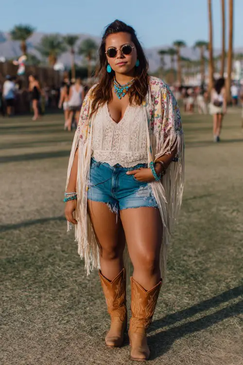 A curvy woman wears tan cowboy boots with distressed denim shorts and a billowy embroidered blouse, layered with a dramatic fringe kimono and turquoise jewelry