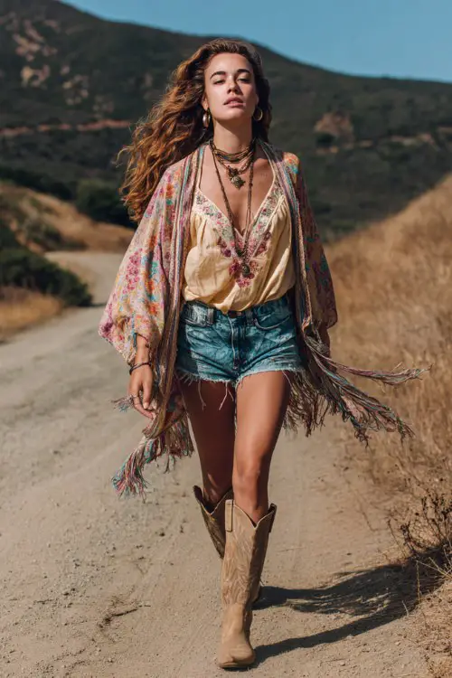 A curvy woman wears tan cowboy boots with distressed denim shorts and a billowy embroidered blouse, layered with a dramatic fringe shawl and statement jewelry