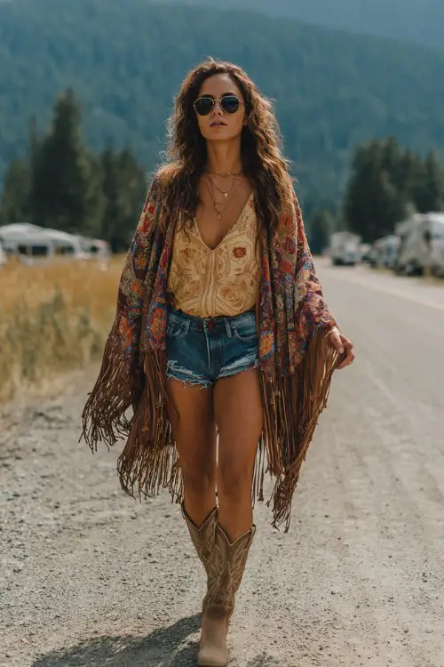 A curvy woman wears tan cowboy boots with distressed denim shorts and an oversized embroidered peasant blouse, layered with a dramatic fringe shawl and stacked rings