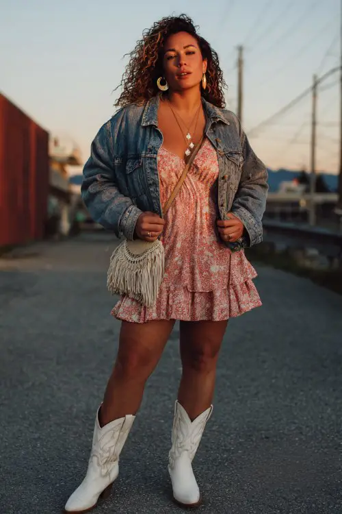 A curvy woman wears white cowboy boots with a ruffled boho mini dress and oversized denim jacket