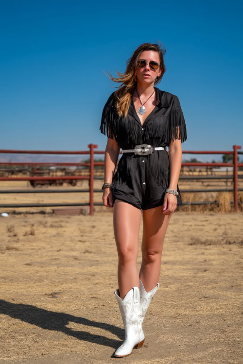 A midsize woman in a belted black romper with fringe details, silver accessories, and white cowboy boots, with a simple dry Stagecoach field behind her
