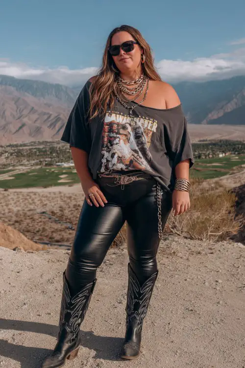 A plus-size woman wears black cowboy boots with faux-leather leggings and an oversized graphic tee styled off-shoulder, accessorized with layered chains and bold sunglasses