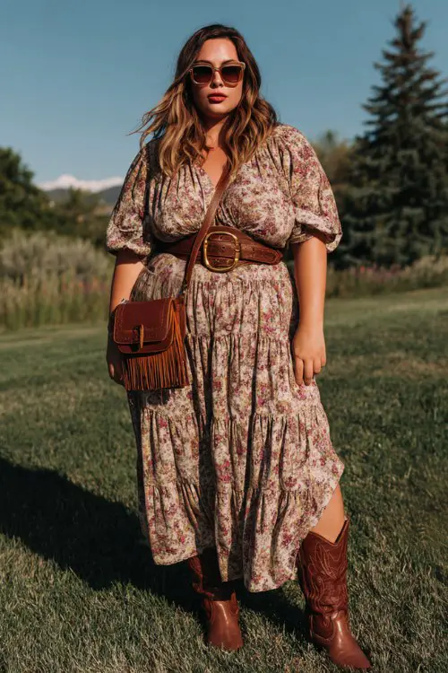 A plus-size woman wears brown cowboy boots with a tiered floral maxi dress and wide western belt, styled with oversized sunglasses and a fringe crossbody bag