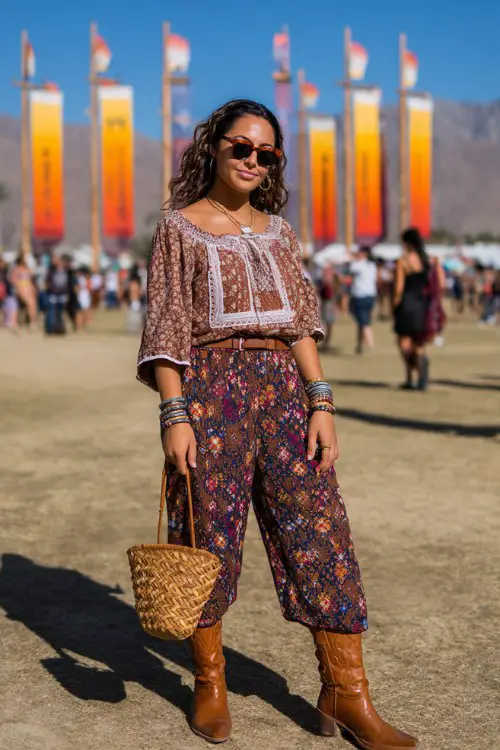 A plus-size woman wears caramel cowboy boots with wide-leg bohemian print pants and an embroidered blouse, accessorized with layered bracelets and a woven handbag