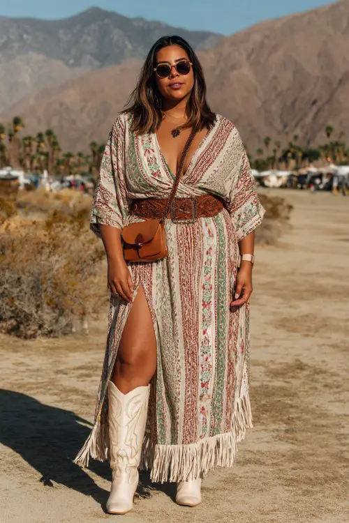 A plus-size woman wears cream cowboy boots with a breezy wrap maxi dress in earthy tribal patterns