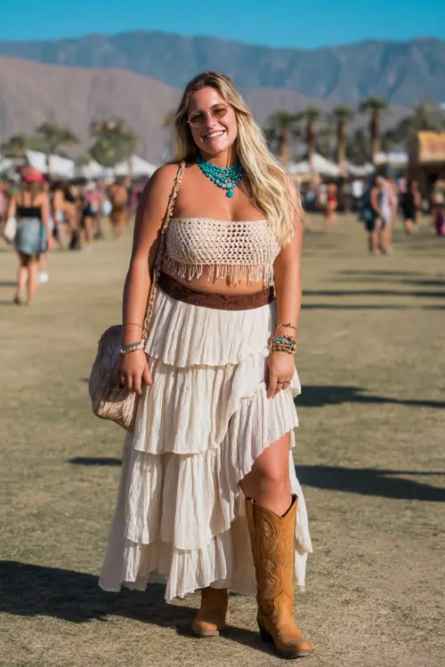 A plus-size woman wears tan cowboy boots with a crochet crop top and tiered chiffon maxi skirt, accessorized with stacked turquoise jewelry and a fringe shoulder bag