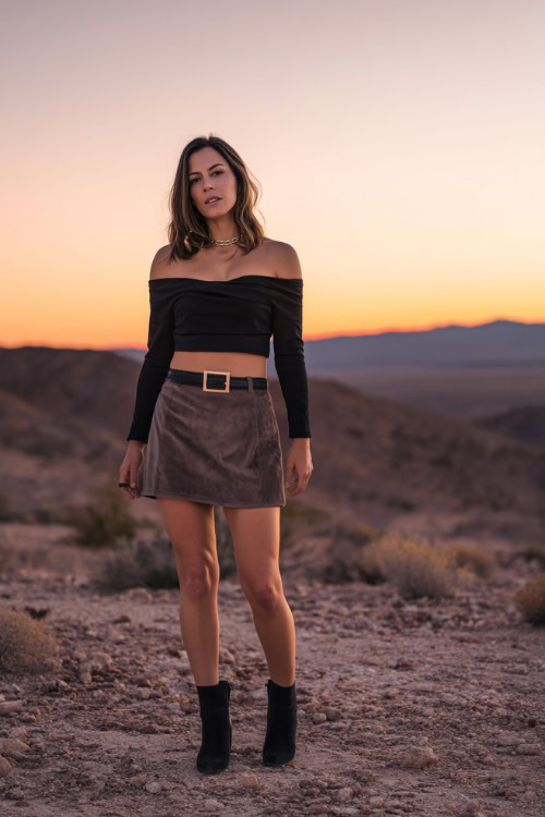 A woman in a black off-the-shoulder crop top, suede mini skirt, silver belt, and black ankle boots, standing in front of a soft desert sunrise background 
