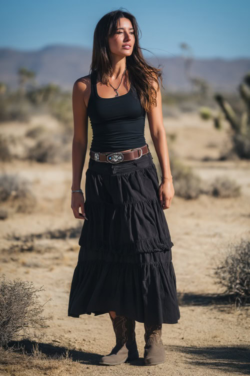 A woman in a black tiered maxi skirt, simple tank top tucked in, concho belt, and black suede boots, with light desert brush in the background, full body
